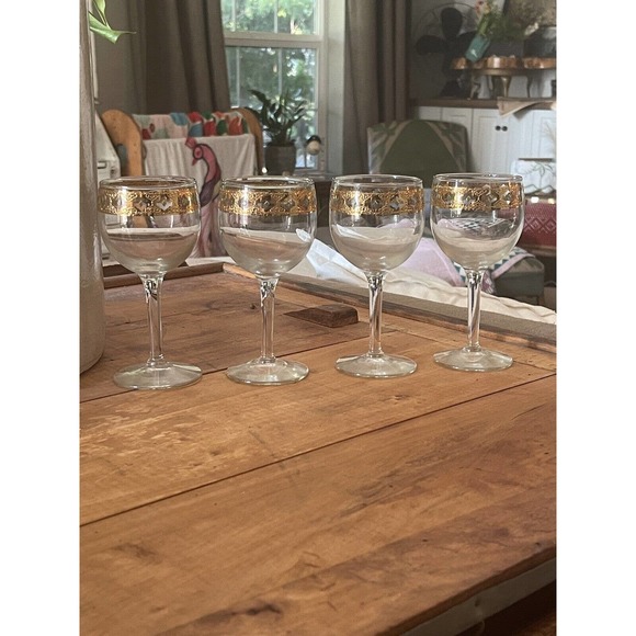 Vintage MCM Culver Valencia 22K Gold & Green Wine Glasses 5-3/4" Tall Set of 4 - Picture 1 of 2